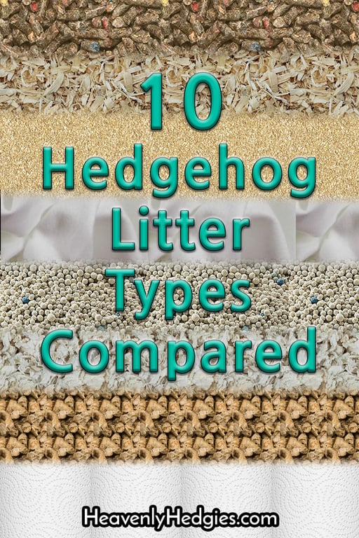 a vertical collage of eight different litter types that can be used for a hedgehog