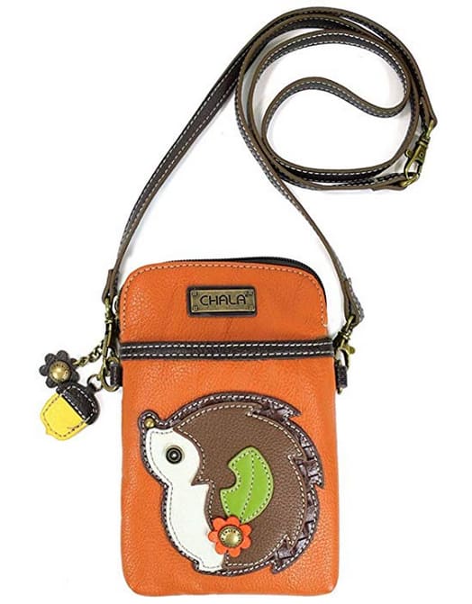 whimsical hedgehog on a phone purse for a hedgehog lover